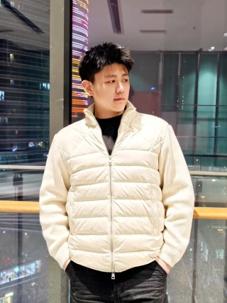Cream Puffer Down Jacket with Ribbed Knit Sleeves