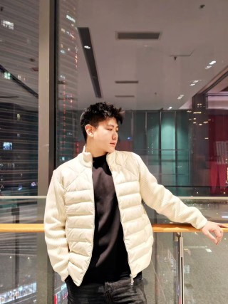 Cream Puffer Down Jacket with Ribbed Knit Sleeves view 2