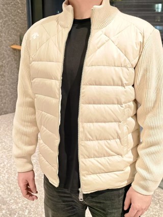 Cream Puffer Down Jacket with Ribbed Knit Sleeves view 3