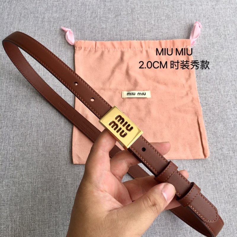 Miu Miu 2.0CM Brown Leather Belt with Gold Buckle
