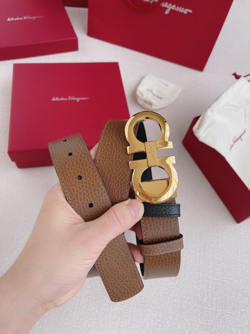 Salvatore Ferragamo Gancini Gold Buckle Leather Belt Tan
