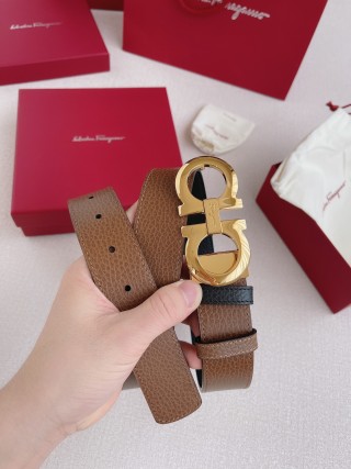 Salvatore Ferragamo Gancini Gold Buckle Leather Belt Tan