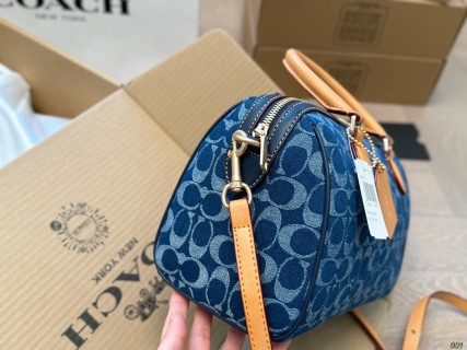 Coach Denim Monogram Boston Pillow Bag Blue view 4