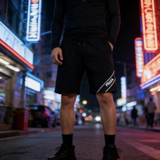 Black Knee-Length Shorts with White Logo Tape view 6