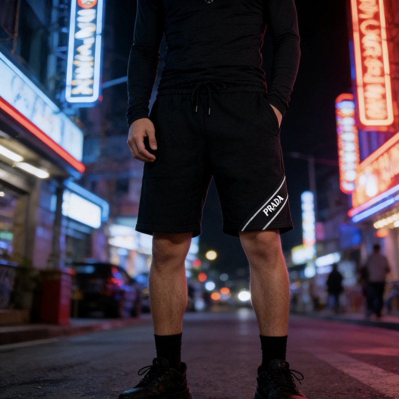 Black Knee-Length Shorts with White Logo Tape view
