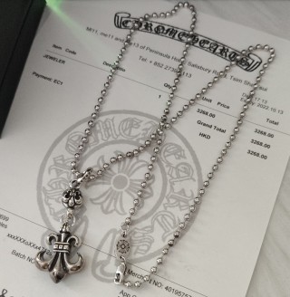 Chrome Hearts Silver Ball Chain Fleur-de-Lis Pendant Necklace