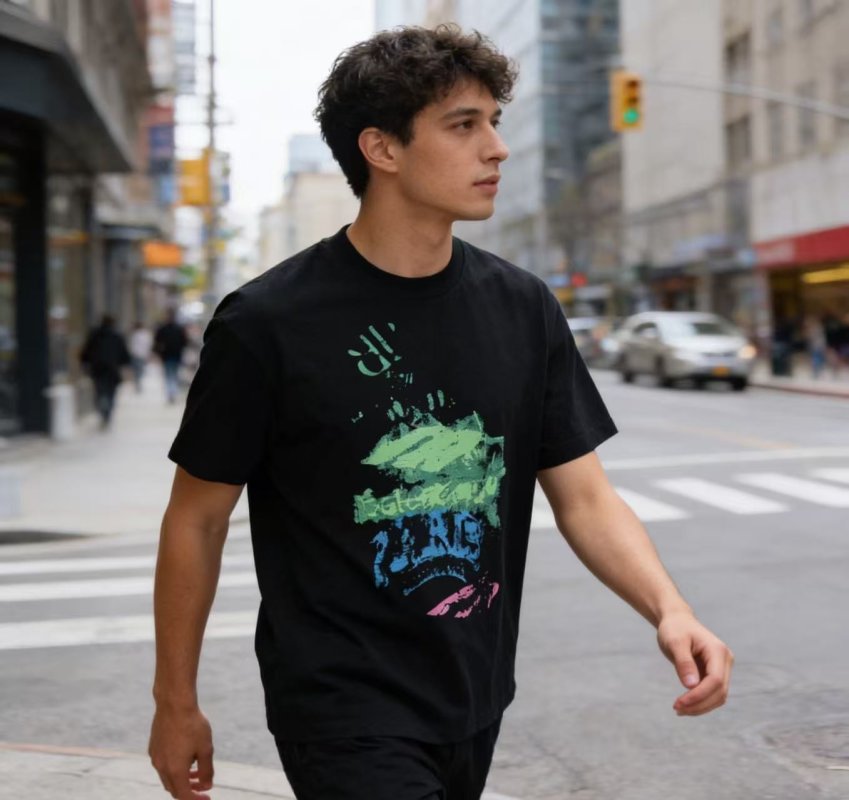 Black Graphic Print Short Sleeve T-Shirt with Neon Design