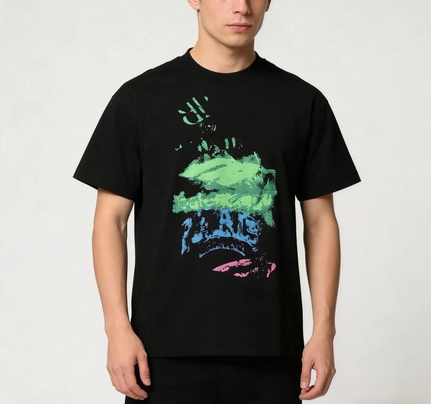 Black Graphic Print Short Sleeve T-Shirt with Neon Design view