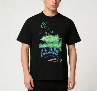 Black Graphic Print Short Sleeve T-Shirt with Neon Design view 2