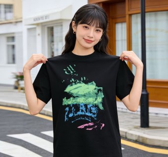 Black Graphic Print Short Sleeve T-Shirt with Neon Design view 3