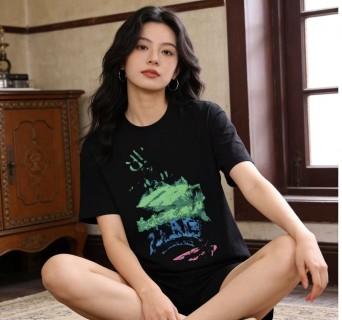 Black Graphic Print Short Sleeve T-Shirt with Neon Design view 4