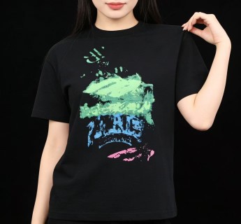 Black Graphic Print Short Sleeve T-Shirt with Neon Design view 5