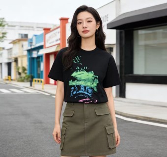 Black Graphic Print Short Sleeve T-Shirt with Neon Design view 6