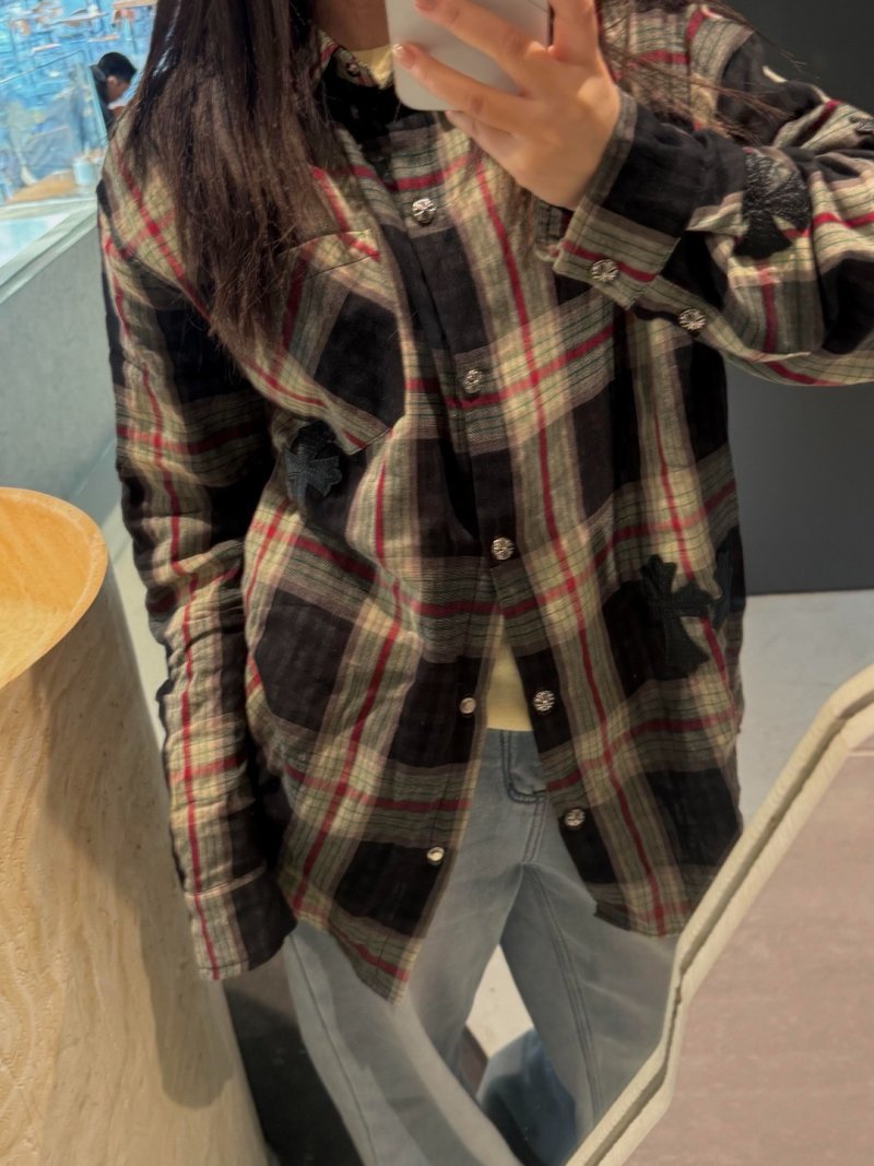 Plaid Button-Up Shirt - Black Red Cream