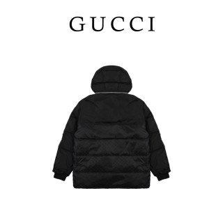 Black Quilted Down Jacket with Gold Monogram Print view 3