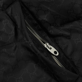 Black Quilted Down Jacket with Gold Monogram Print view 5
