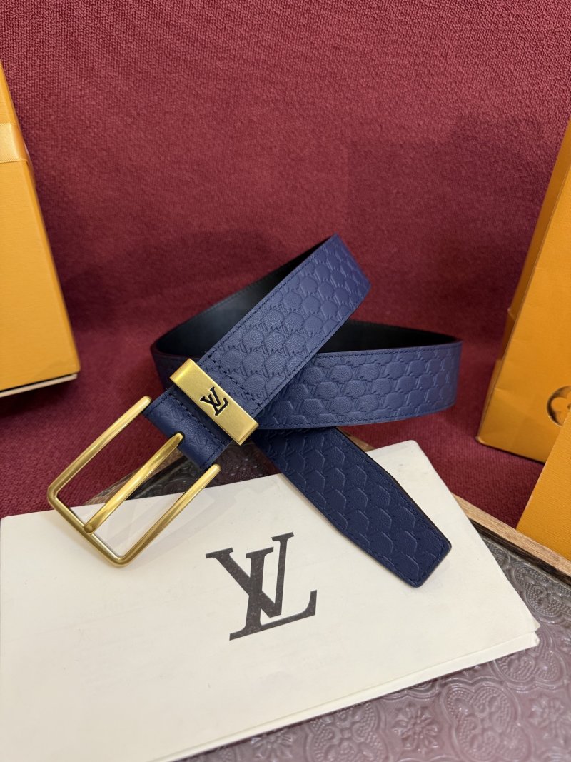 Louis Vuitton Monogram Embossed Navy Leather Belt with Gold Buckle