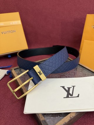 Louis Vuitton Monogram Embossed Navy Leather Belt with Gold Buckle view 2