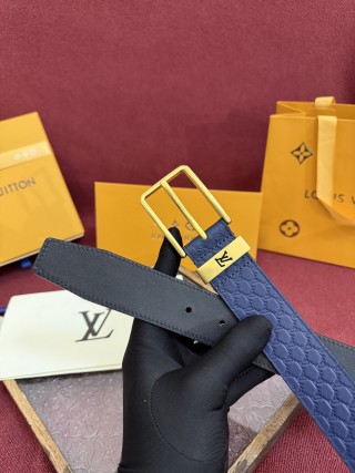 Louis Vuitton Monogram Embossed Navy Leather Belt with Gold Buckle view 4