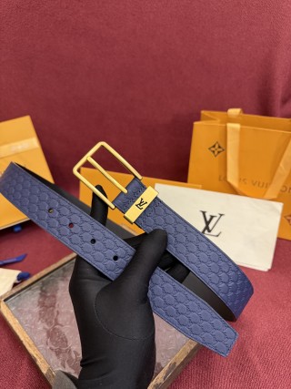 Louis Vuitton Monogram Embossed Navy Leather Belt with Gold Buckle view 6