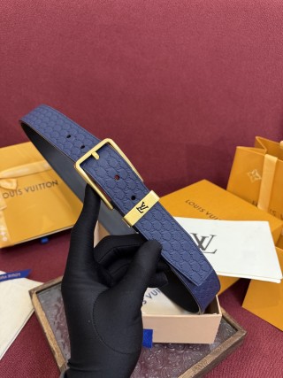 Louis Vuitton Monogram Embossed Navy Leather Belt with Gold Buckle view 7