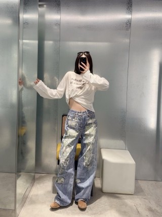 Light Blue Distressed Wide-Leg Jeans with Ripped Details view 2