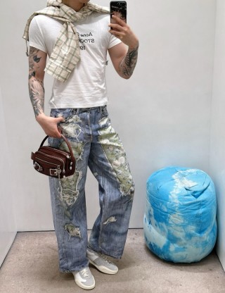 Light Blue Distressed Wide-Leg Jeans with Ripped Details view 5