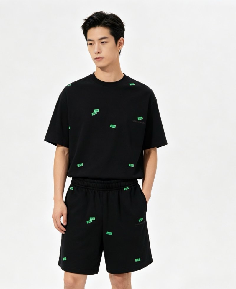 Black Money Print Shorts with Elastic Waist