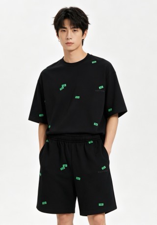 Black Money Print Shorts with Elastic Waist view 2