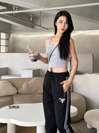 Prada Black Track Pants with White Stripe Detail view 2