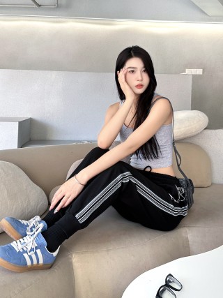 Prada Black Track Pants with White Stripe Detail view 4