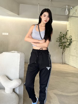 Prada Black Track Pants with White Stripe Detail view 6