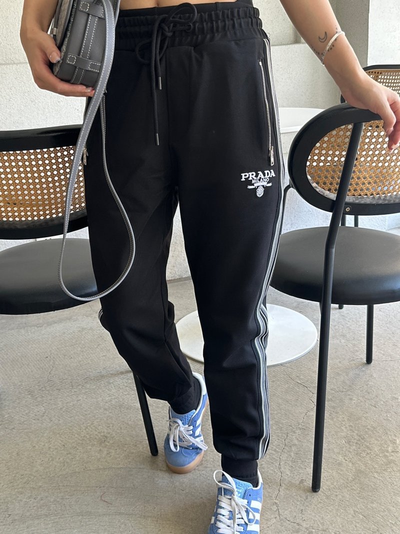Prada Black Track Pants with White Stripe Detail view