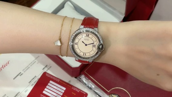 Cartier Ballon Bleu Red Leather Diamond Bezel Watch