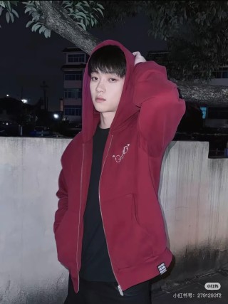 Red Zip-Up Hoodie Jacket with Embroidered Logo view 3