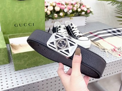 Gucci GG Marmont Black Canvas Belt with White Buckle
