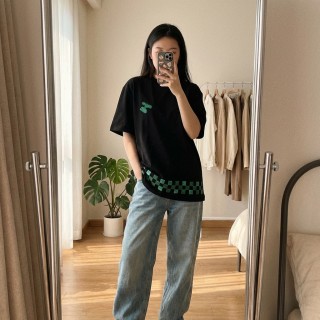 Black Short Sleeve T-Shirt with Green Checkered Print