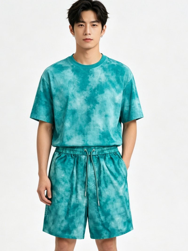 Tie-Dye Teal Shorts Set with Matching T-Shirt