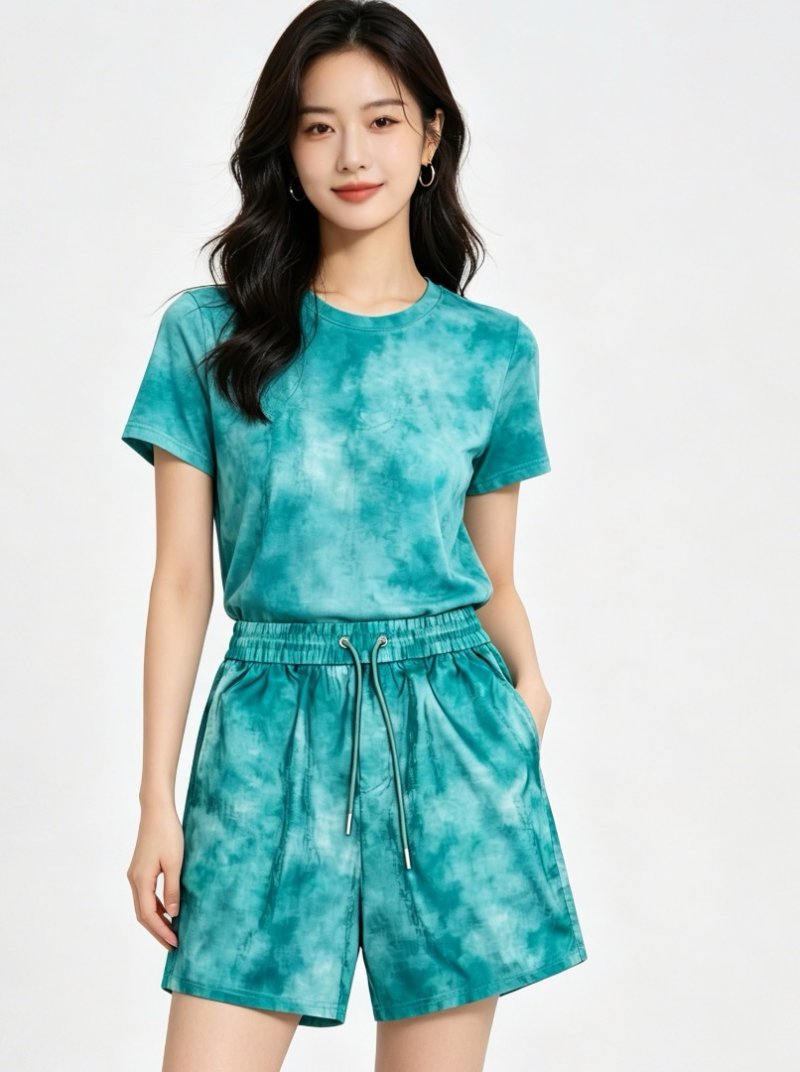 Tie-Dye Teal Shorts Set with Matching T-Shirt view