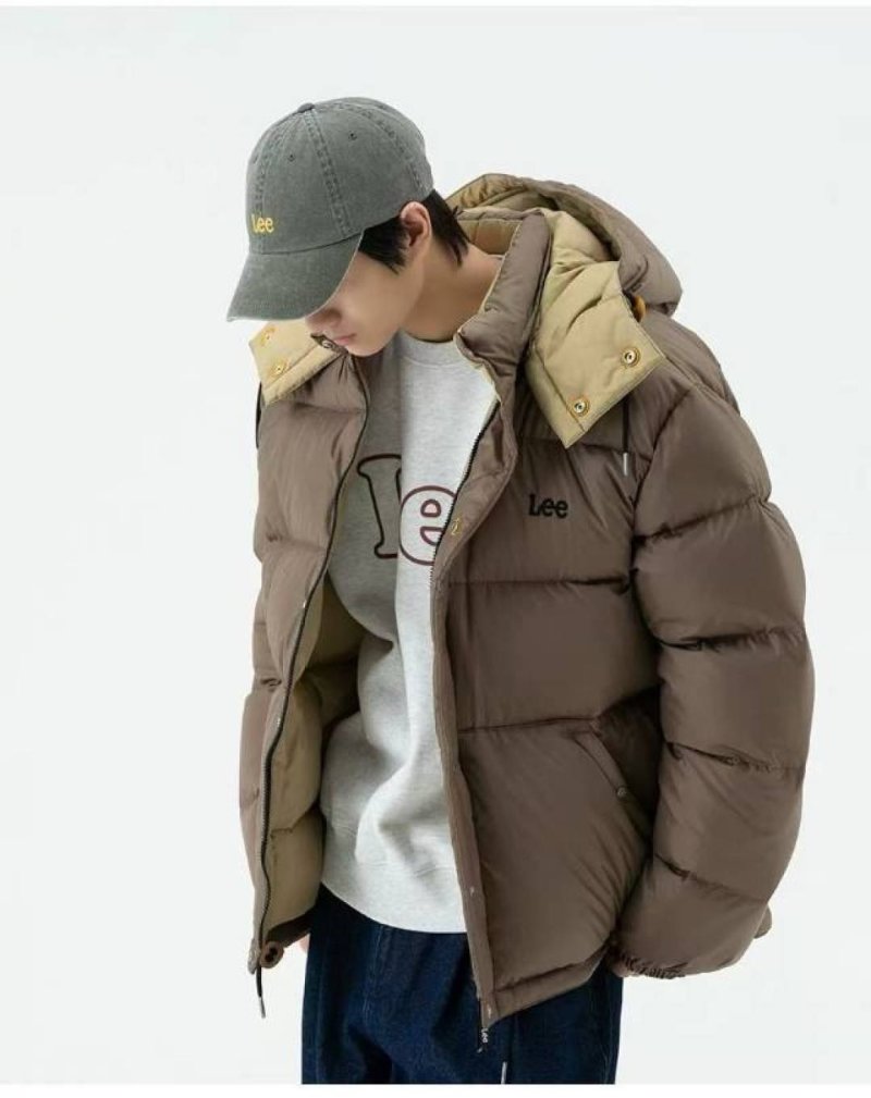 Lee Brown Puffer Down Jacket with Detachable Hood
