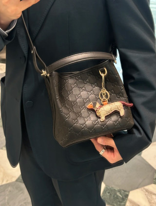 Gucci GG Embossed Shoulder Bag Black with Dachshund Charm