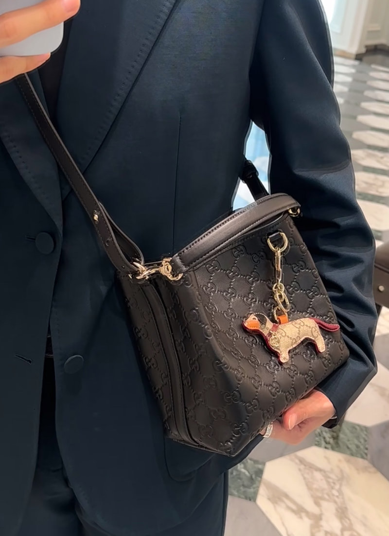 Gucci GG Embossed Shoulder Bag Black with Dachshund Charm view
