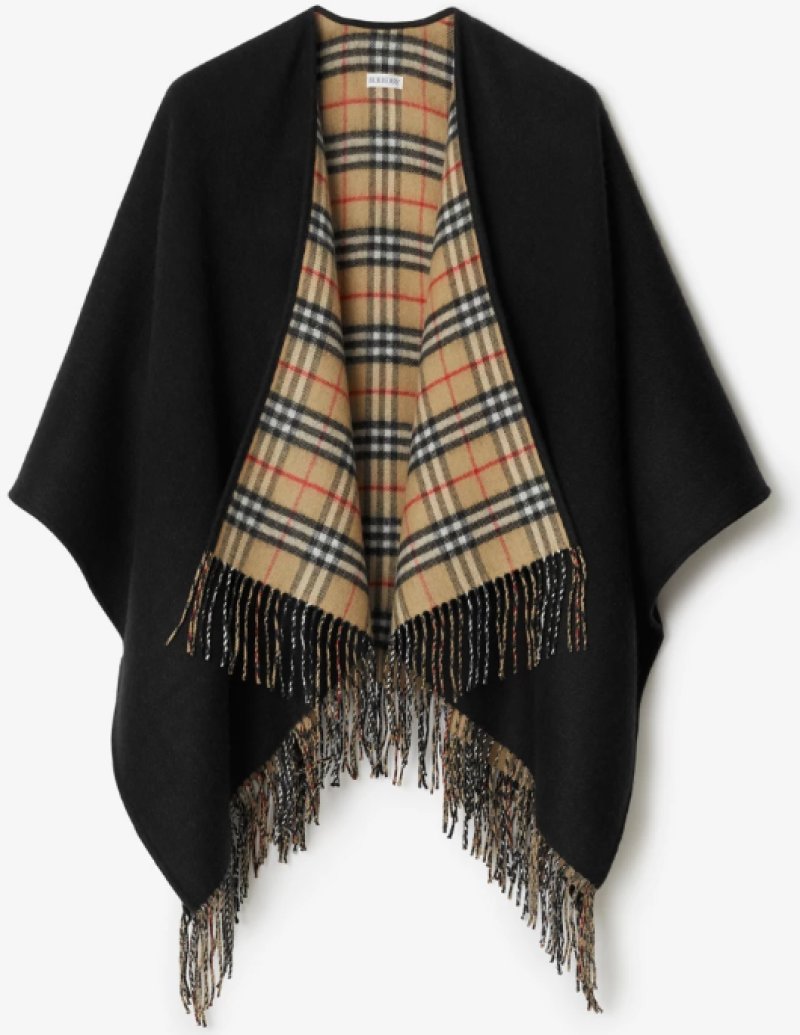 Burberry Check Cashmere Cape Shawl Black & Camel