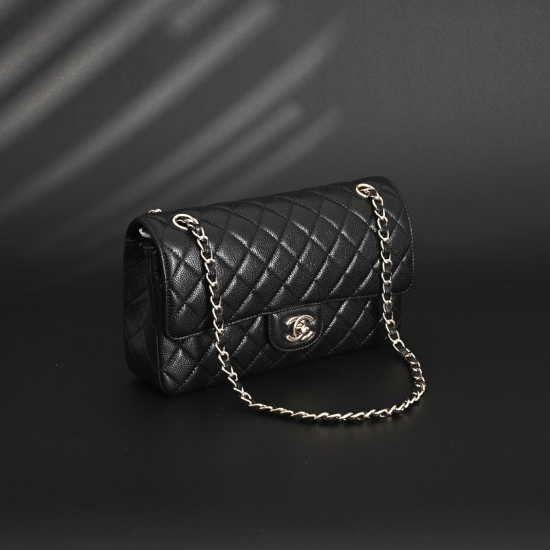 Chanel Classic Flap CF25 Black Caviar Leather Silver Hardware Shoulder Bag