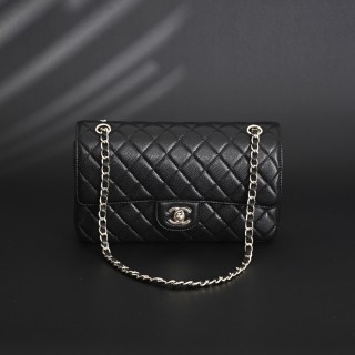 Chanel Classic Flap CF25 Black Caviar Leather Silver Hardware Shoulder Bag view 2