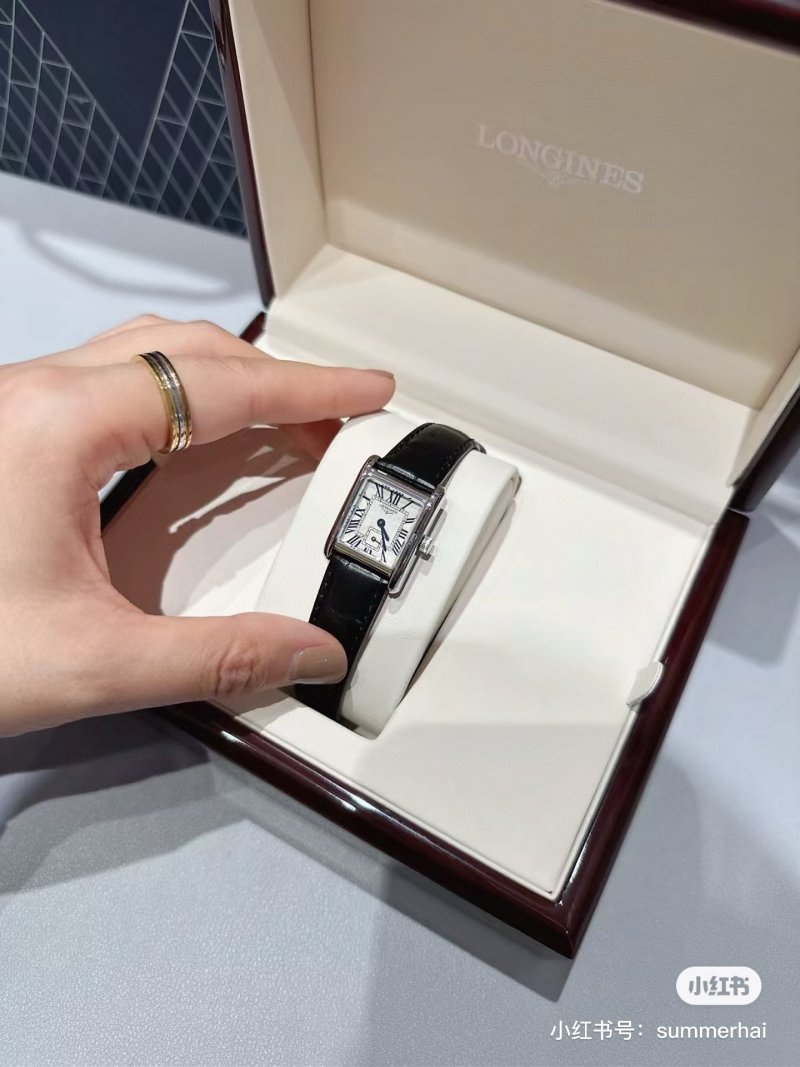 Longines DolceVita Mini Square Silver Dial Black Leather Watch