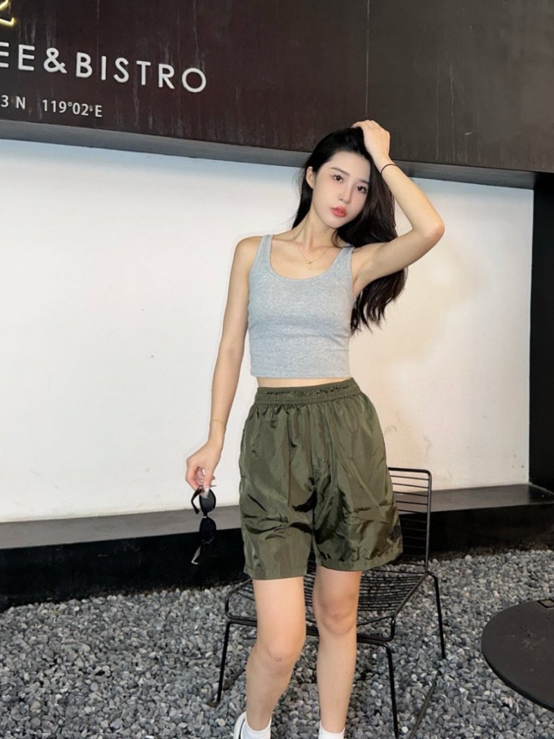 Olive Nylon Cargo Shorts with Drawstring