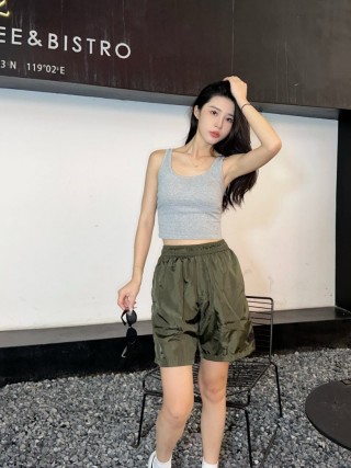 Olive Nylon Cargo Shorts with Drawstring