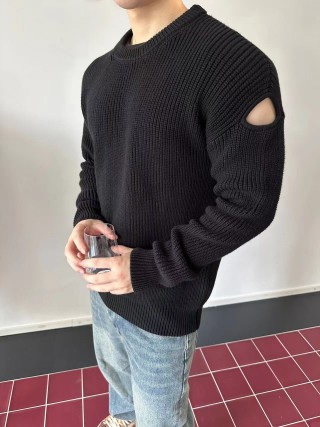 Black Ribbed Crew Neck Sweater with Elbow Cutouts