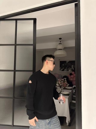 Black Ribbed Crew Neck Sweater with Elbow Cutouts view 3